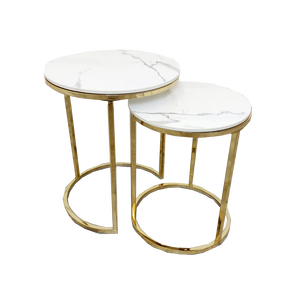 Cato Nest of 2 Tall Gold End Tables with Polar White Sintered Stone Tops