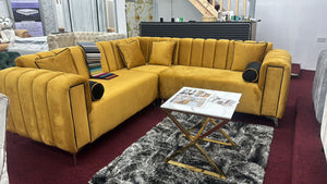 New Panel Lilly Mustard Plush Golden With Black Contrast Pipping Round Cushions Sofa