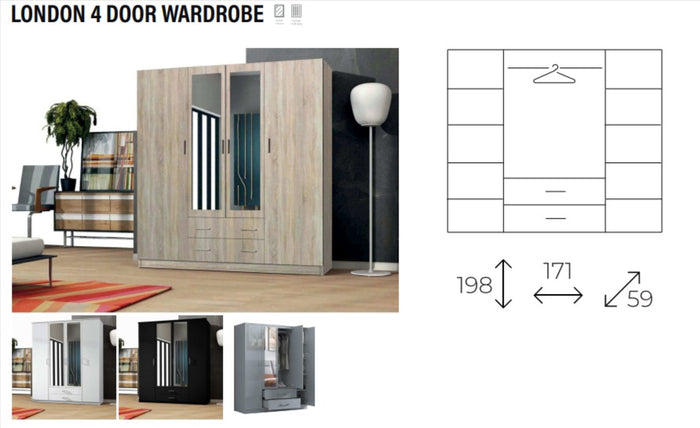 New Elevator LooksWish Luxury LONDON 171 3Door sliding mirror wardrobe