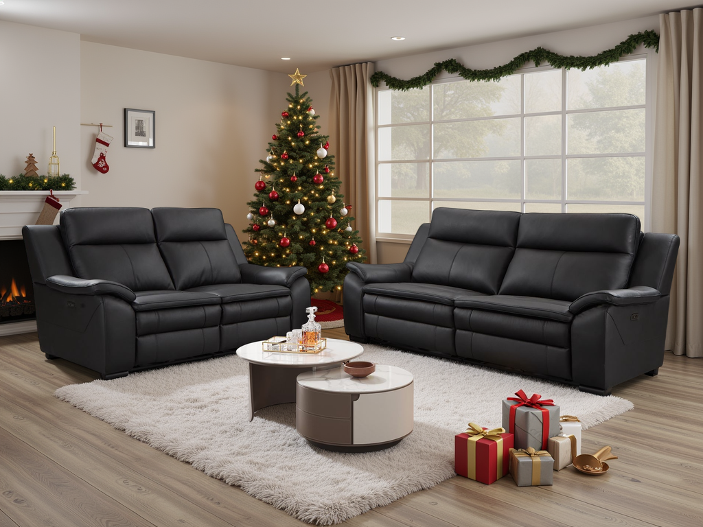 LooksWish Boston Genuine Leather Electric Recliner Sofa Black 3+2 Set
