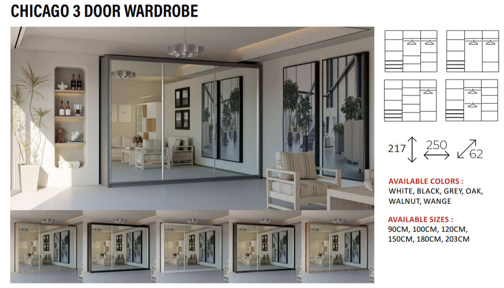 New Elevator LooksWish Luxury Chicago 3 DOOR rooms sliding mirror Wardrobe 250cm