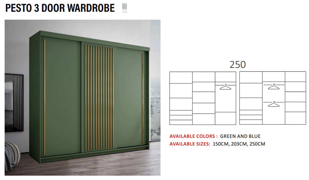 New Elevator LooksWish Luxury Pesto rooms sliding mirror Wardrobe 3 DOOR 250cm