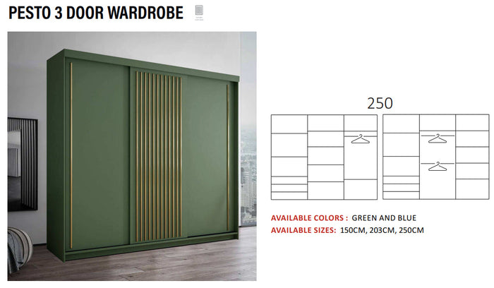 New Elevator LooksWish Luxury Pesto rooms sliding mirror Wardrobe 3 DOOR 250cm