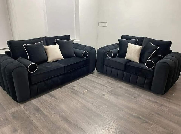 Penal Couch Black Plush Highback Cushions Contrast Pipping 3 Seater Sofa 2 Seater Sofa Set