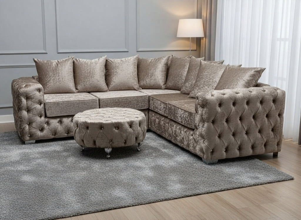 Ashton Chesterfield 5 Seater Corner Couch Mink Plush Sofa