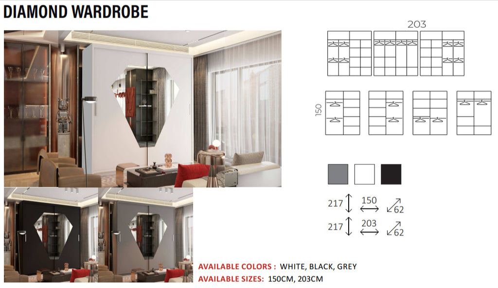 New Elevator LooksWish Luxury DIAMOND  rooms sliding mirror Wardrobe