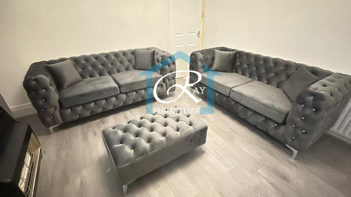 New Ashton Full Chesterfield Grey Plush Sofa 3 Seater 2 Seater Set With Footstool
