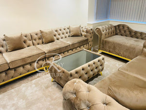 New Spanish Full Chesterfield Mink Plush Sofa 4 Seater 7ft Length With Gold Strip & Matching Feet