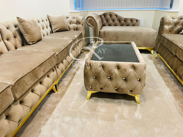 New Spanish Full Chesterfield Mink Plush Sofa 6 Seater 11ft Length With Gold Strip & Matching Feet