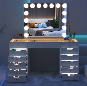 Luxury Eva Vanity Makeup Desk - 13 Storage Drawers with Full Light - 3D Mirror Bluetooth Speaker