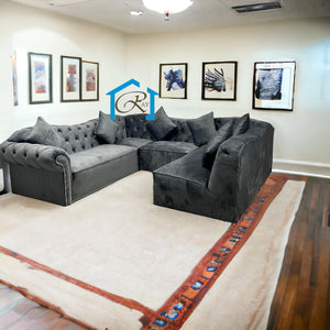 Elegance Chesterfield Sloane Fixed Seats Customise Size 8 Seater Corner U-Shape Sofa In Plush Grey