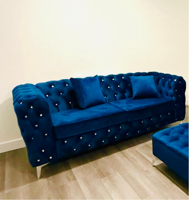 New Ashton Full Chesterfield Blue Plush Sofa 3 Seater 2 Seater Set