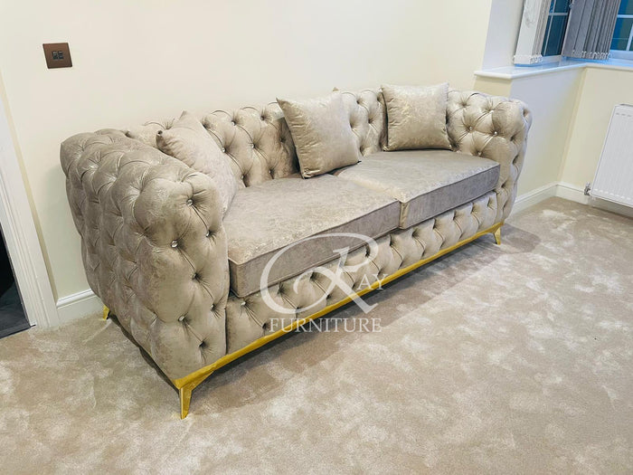 New Spanish Full Chesterfield Galaxy Coffee Sofa 4 Seater 7ft Length With Gold Strip & Matching Feet