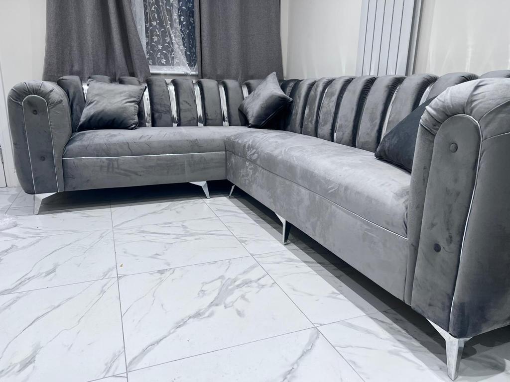 New Penal Lilly Cream Plush Velvet 7 Seater Corner L-Shape Fixed Seat Comfy Sofa