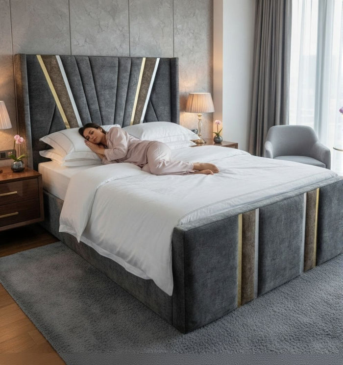 Amina Marble Art Bed Comfy Luxury Designer Golden-Silver Strip Beds