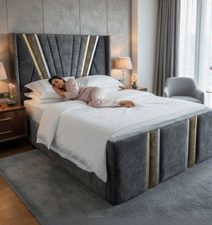 Amina Marble Art Bed Comfy Luxury Designer Golden-Silver Strip Beds