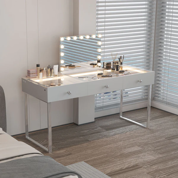 Luxury Ray Billie Vanity Makeup Desk Pro - 3 Storage Drawers - 3D Mirror Bluetooth USB