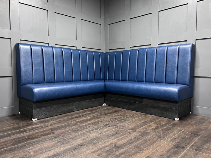 L-Shape 1.96m X 1.96m Fluted Back Booth Seating 1100mm Tall In Ocean Blue Faux Leather