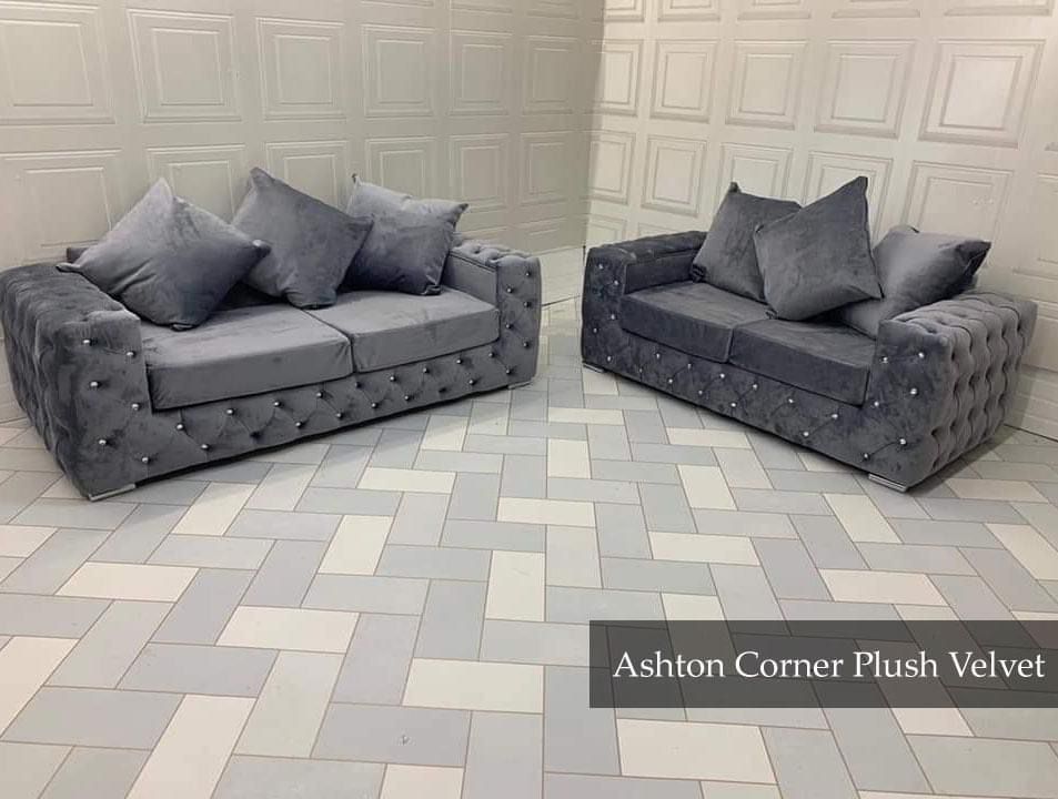 Ashton Chelsea Sofa 3+2 Seater Set Grey Plush Velvet