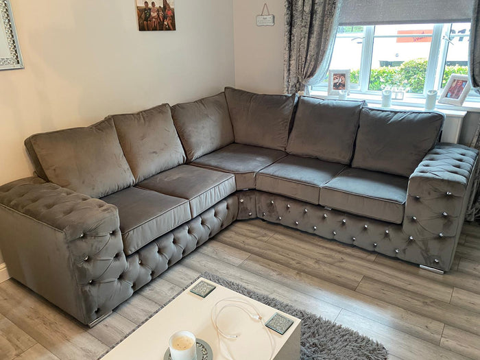 Ashton Chelsea Chesterfield 5 Seater Corner Sofa Grey Plush Velvet Fullback
