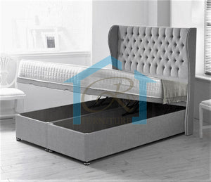 Crown Winged Ottoman Bed Divan Storage Base & Wingback Headboard