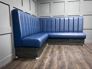 L-Shape 1.96m X 1.96m Fluted Back Booth Seating 1100mm Tall In Ocean Blue Faux Leather