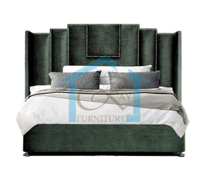 ITALIANA WINGED BED FRAME SLEIGH STYLE DESIGNER LUXURY VELVET UPHOLSTERED BED FRAME