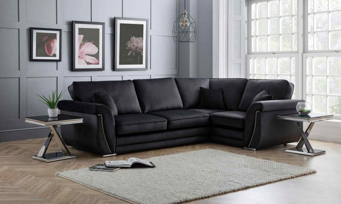 Luxe Plush Black Sofa 4 Seater Right Corner