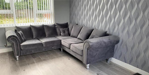 Olympia Chesterfield Plush Velvet Grey 5 Seater L-Shape Sofa