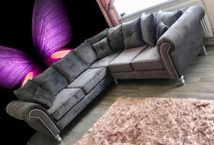 Olympia Chesterfield Plush Velvet Grey 5 Seater L-Shape Sofa