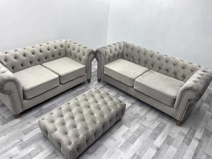 Round Chesterfield 3+2 Seater Couch Cream Plush Velvet Sofa Set