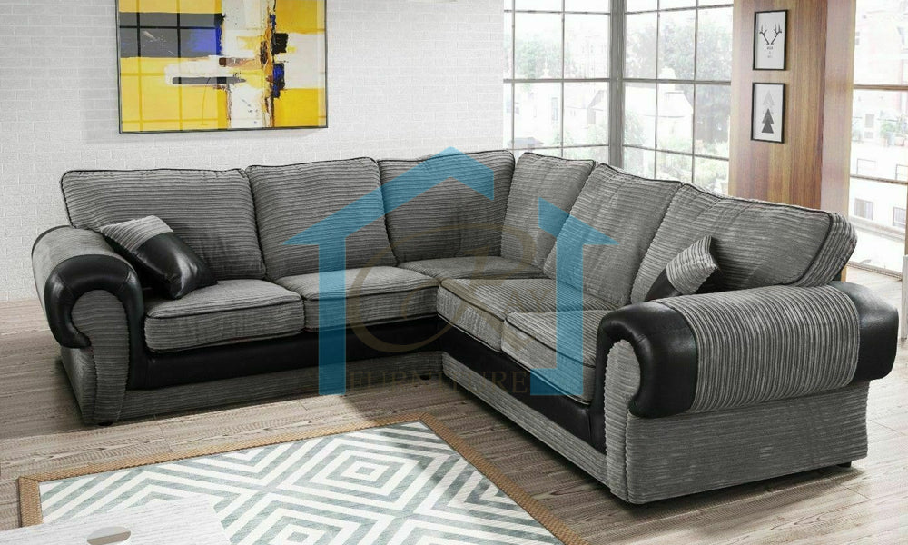 Tango Jumbo 5 Seater Corner Sofa Cord Grey/Black Leather Fabric
