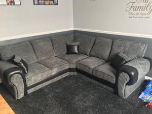 Tango Jumbo 5 Seater Corner Sofa Cord Grey/Black Leather Fabric