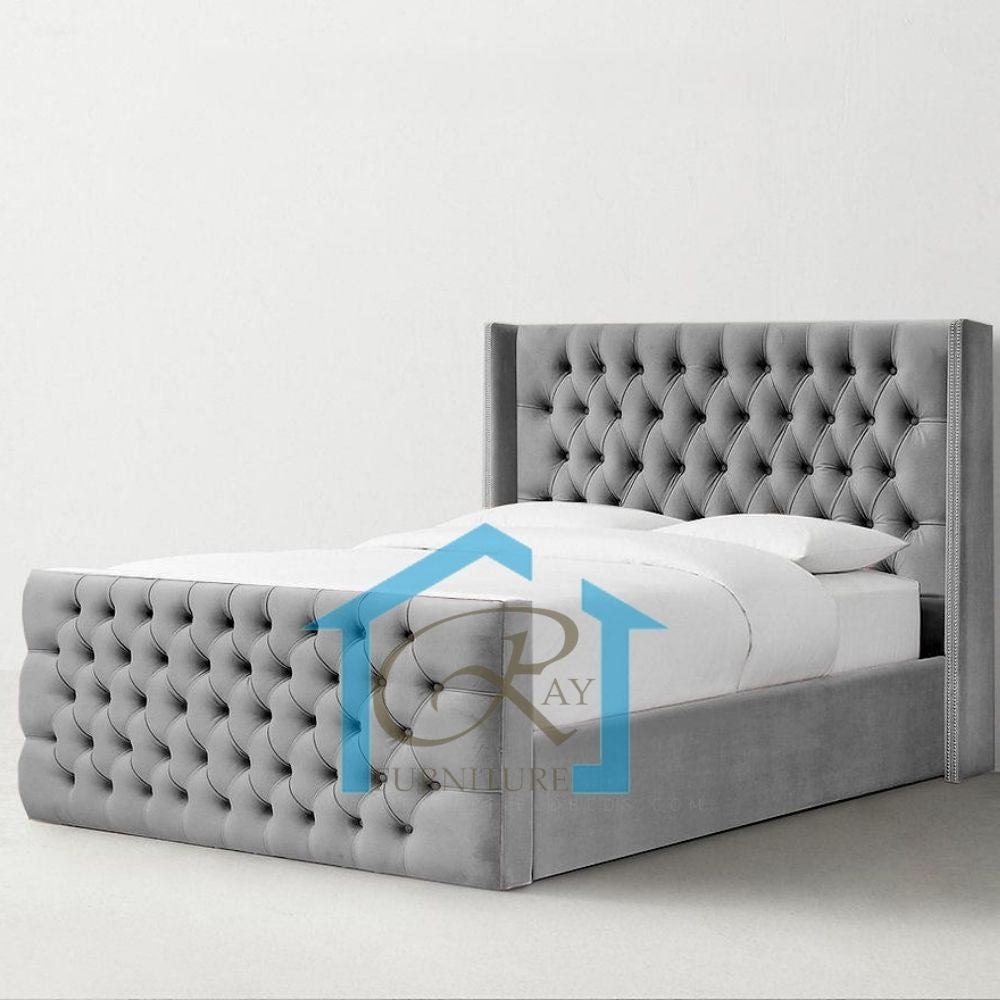 Beauty Winged Bed Luxury Plush Velvet Upholstered Designer Bed Frame