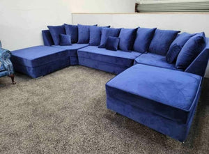 Belgravia U-Shape Royal Blue Plush Velvet Corner Scatter Back Sofa