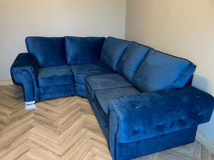 Vegas Chesterfield Sofa 4 Seater Blue Plush Velvet Fullback Right Corner