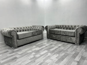 Round Chesterfield Silver Crush Velvet 3 Seater 2 Seater Sofa Bed Set