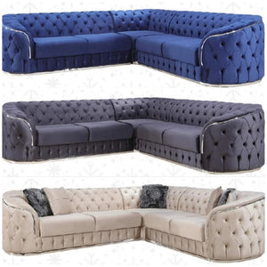 Khalifa Chesterfield 5 Seater Corner Sofa Deep Button Round Couch In Plush Blue (Gold)